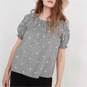 Madewell Embroidered Gingham Shirred Puff Sleeve Top - Size M